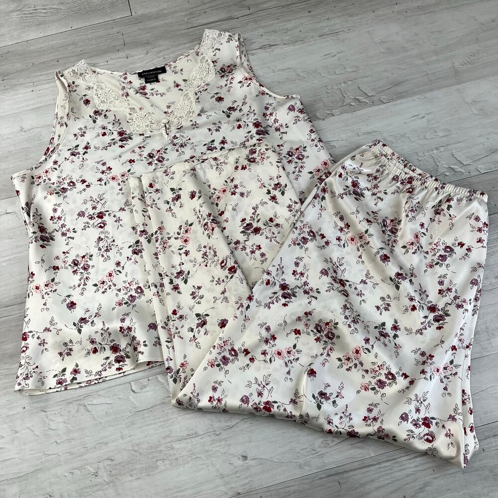 Jones New York Women's XL Floral Pajama Set Silky Sleeveless Tank Pant Sleepwear